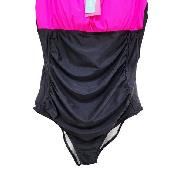 Pink & Black One-Piece Swimsuit Ruching & Adjustable Straps Aqua Eve Size XL - Picture 5 of 9